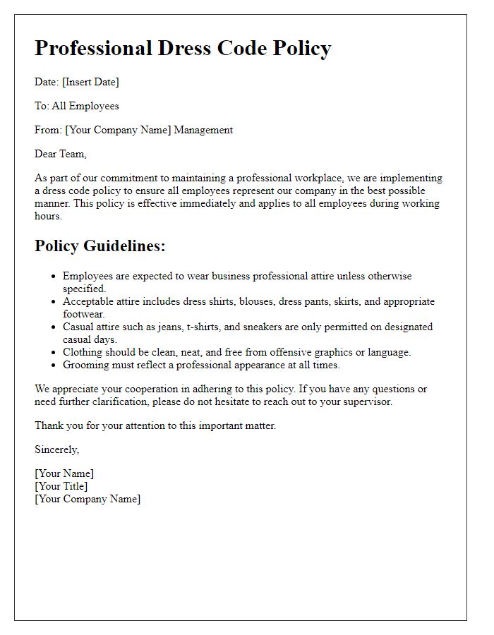 Letter template of professional dress code policy