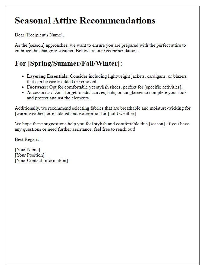 Letter template of seasonal attire recommendations