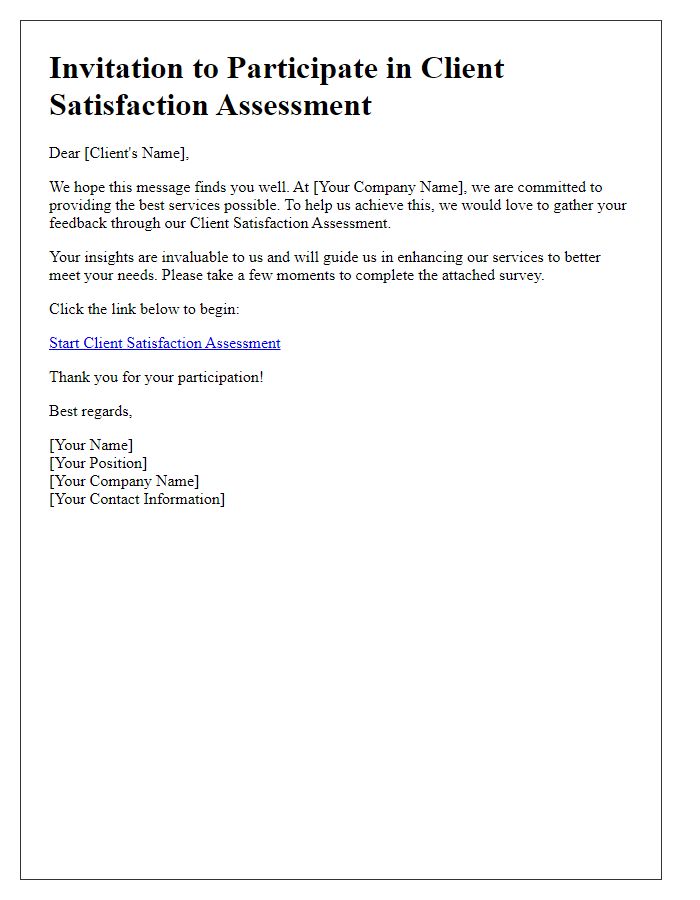 Letter template of client satisfaction assessment invitation.