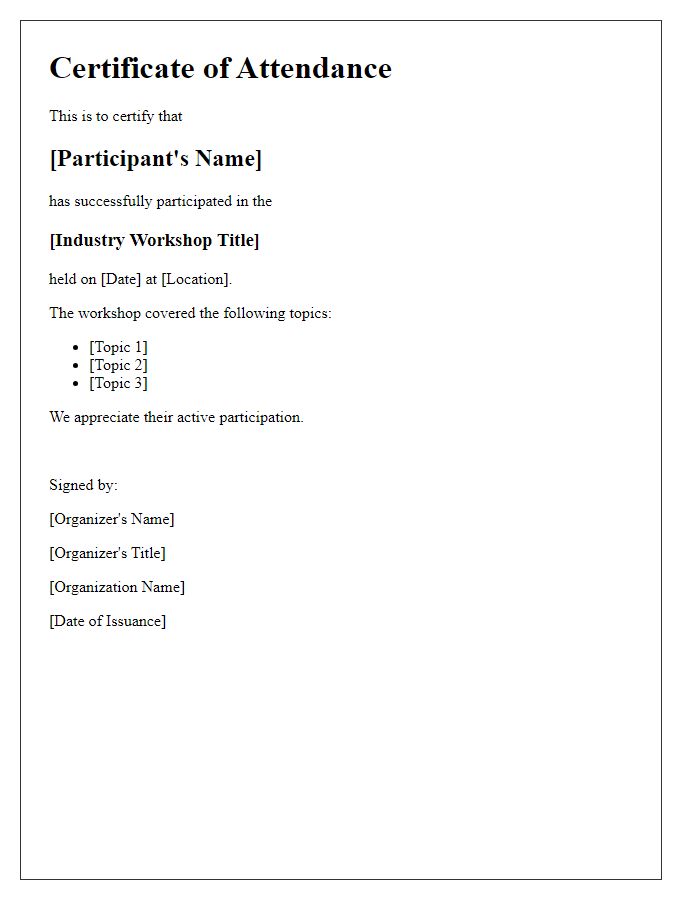 Letter template of attendance certificate for industry workshop participants