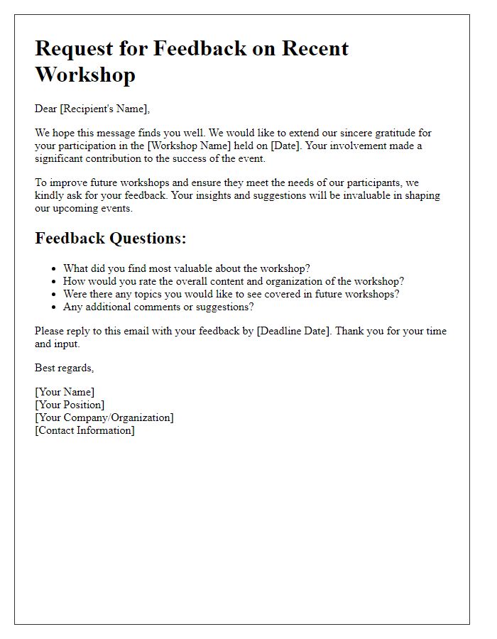 Letter template of feedback request for industry workshops