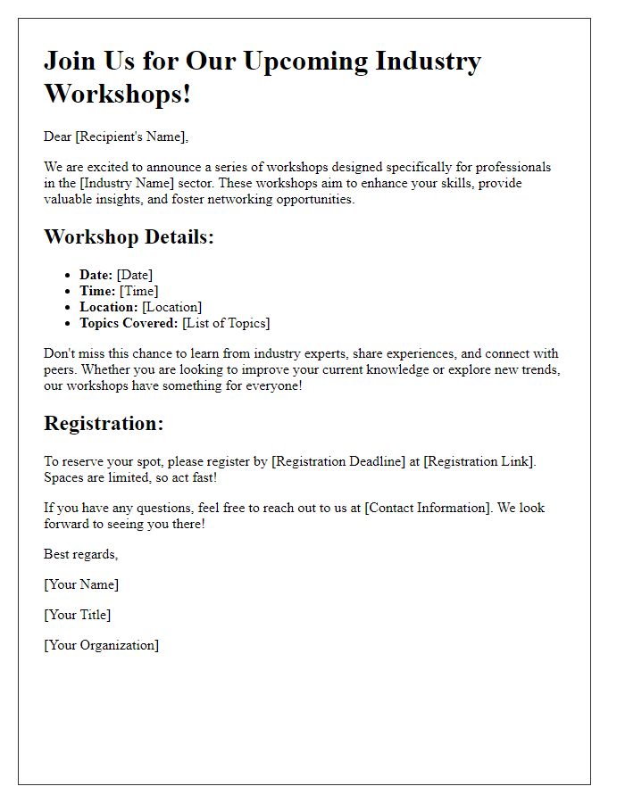 Letter template of promotional announcement for industry workshops