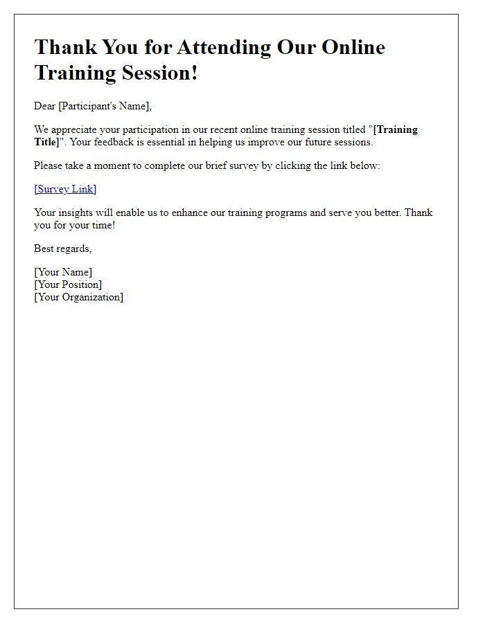 Letter template of feedback survey after online training session.