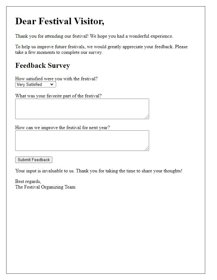 Letter template of feedback survey for festival visitors.