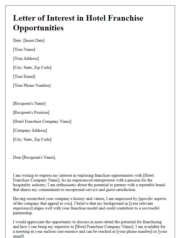 Letter template of expressing interest in hotel franchise opportunities