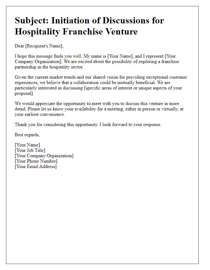 Letter template of initiating discussions for a hospitality franchise venture