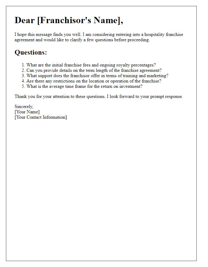 Letter template of questions about hospitality franchise agreements