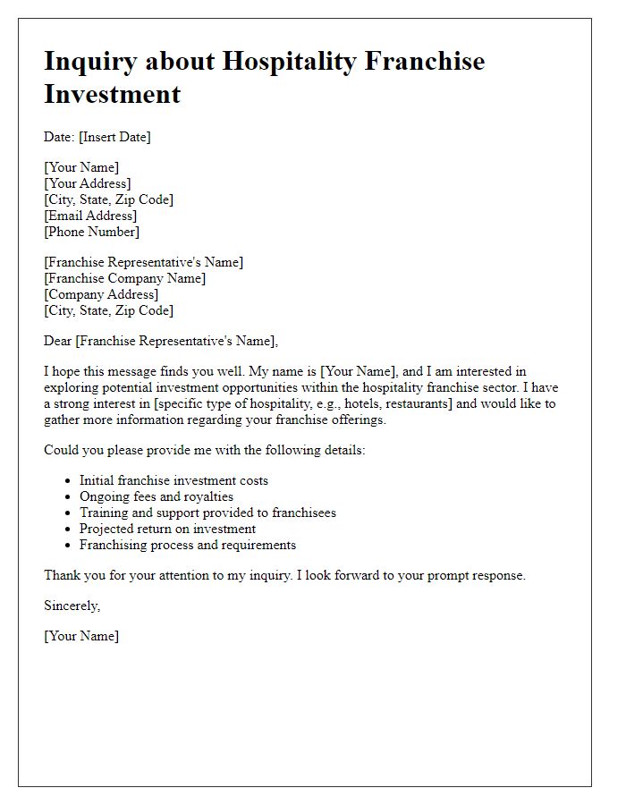 Letter template of seeking details on hospitality franchise investment