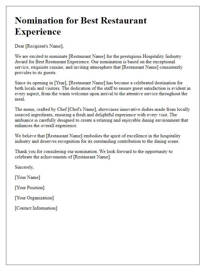 Letter template of hospitality industry awards nomination for best restaurant experience.