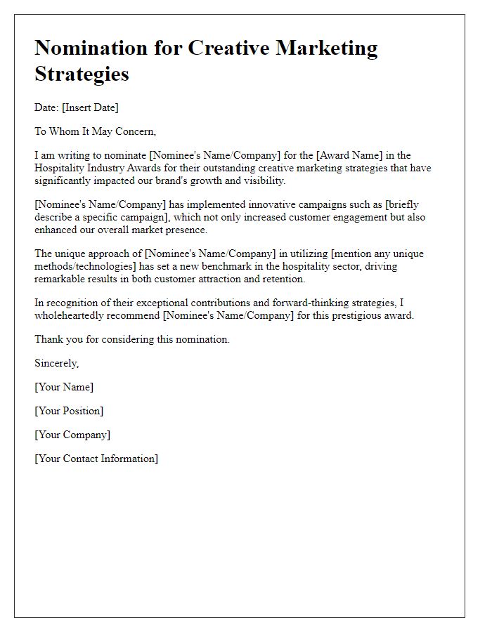 Letter template of hospitality industry awards nomination for creative marketing strategies.