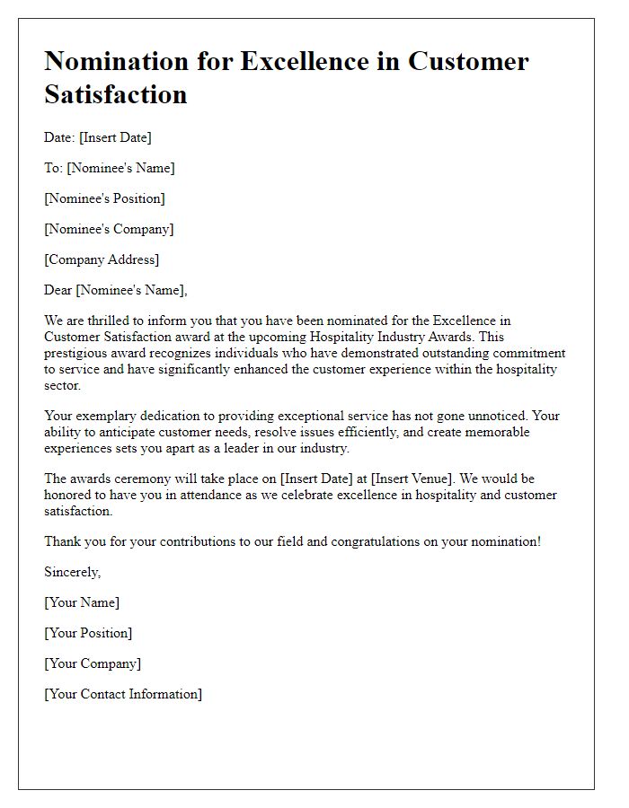 Letter template of hospitality industry awards nomination for excellence in customer satisfaction.