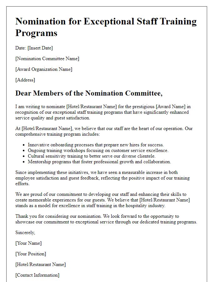 Letter template of hospitality industry awards nomination for exceptional staff training programs.