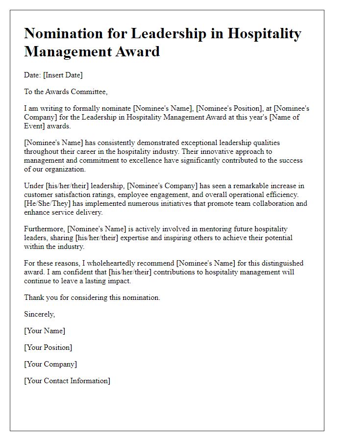 Letter template of hospitality industry awards nomination for leadership in hospitality management.