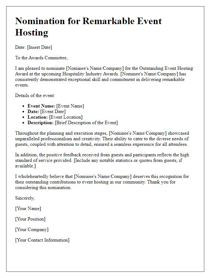 Letter template of hospitality industry awards nomination for remarkable event hosting.