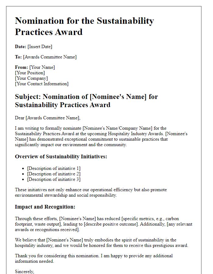 Letter template of hospitality industry awards nomination for sustainability practices in hospitality.