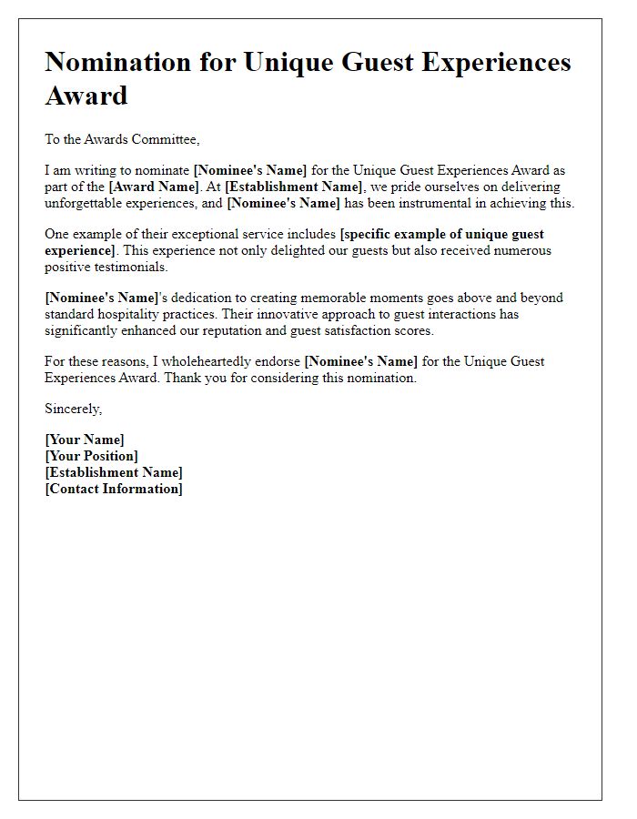 Letter template of hospitality industry awards nomination for unique guest experiences.