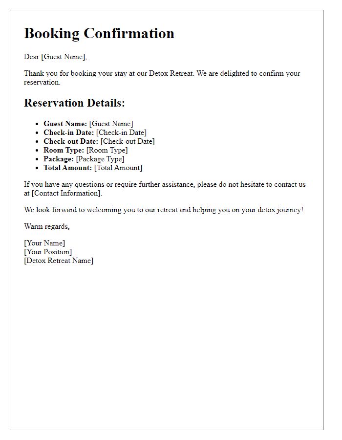 Letter template of booking confirmation for detox retreat