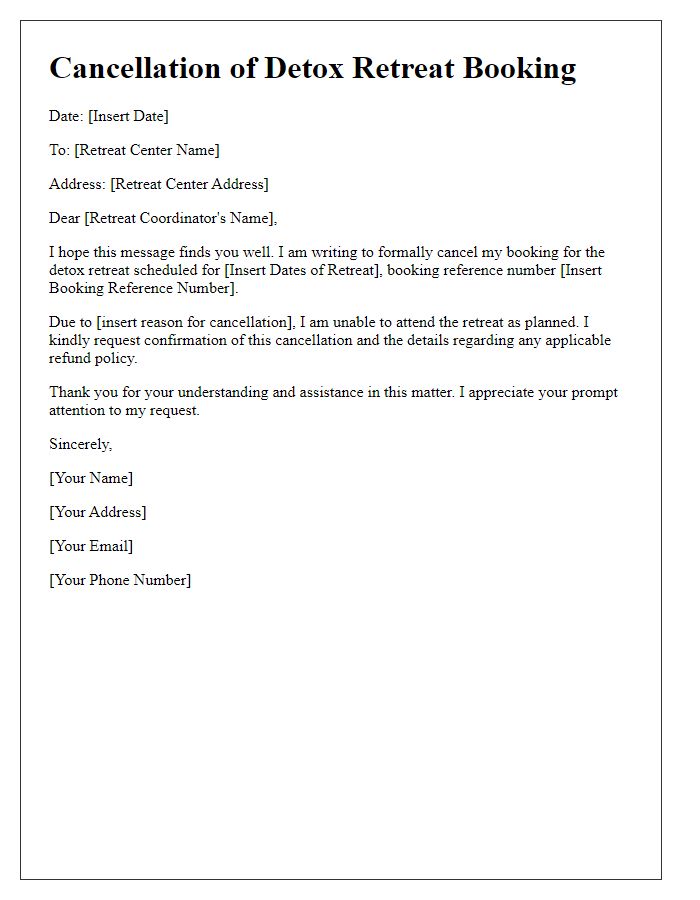 Letter template of cancellation for detox retreat booking