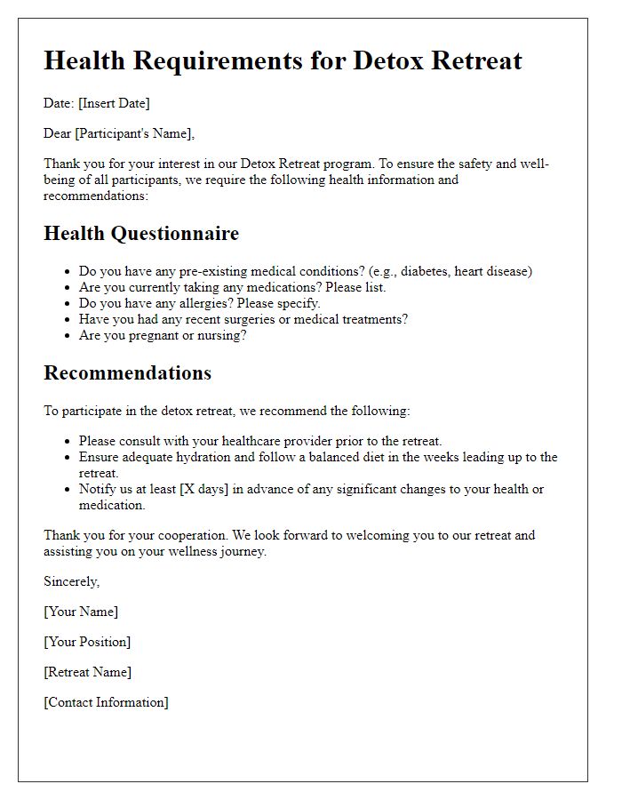 Letter template of health requirements for detox retreat