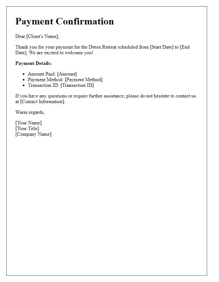 Letter template of payment confirmation for detox retreat