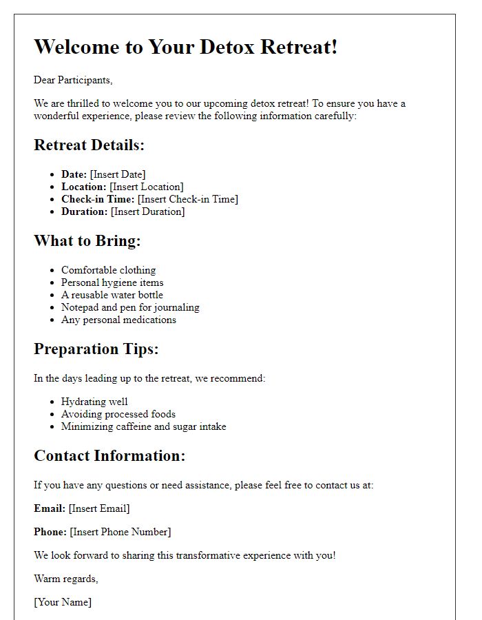 Letter template of pre-retreat information for detox participants