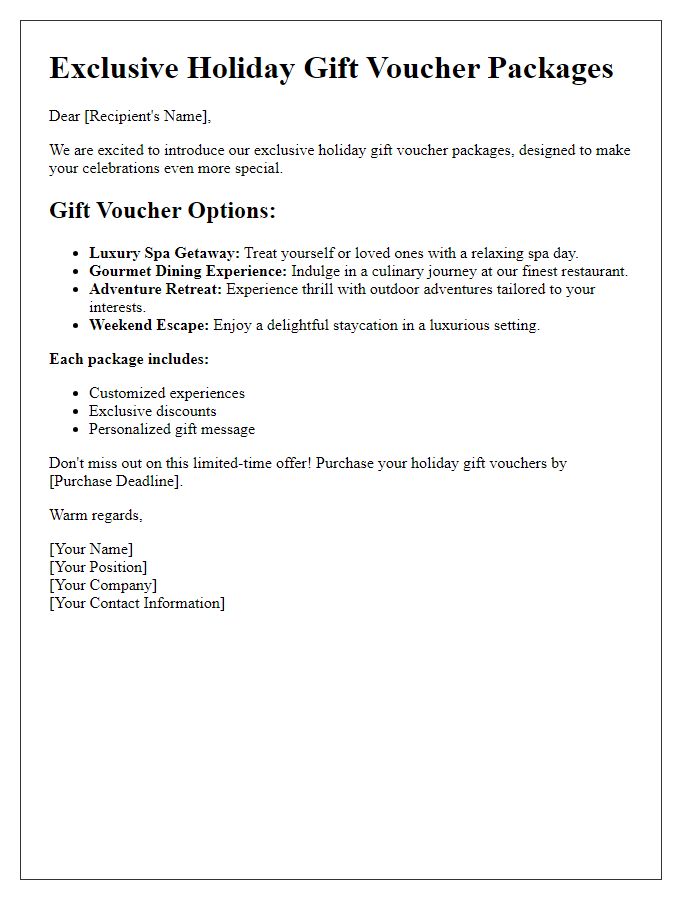 Letter template of exclusive holiday gift voucher packages