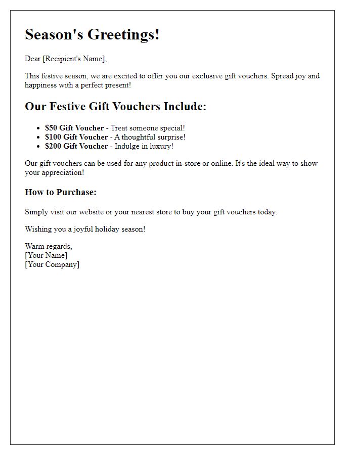 Letter template of festive gift voucher offerings