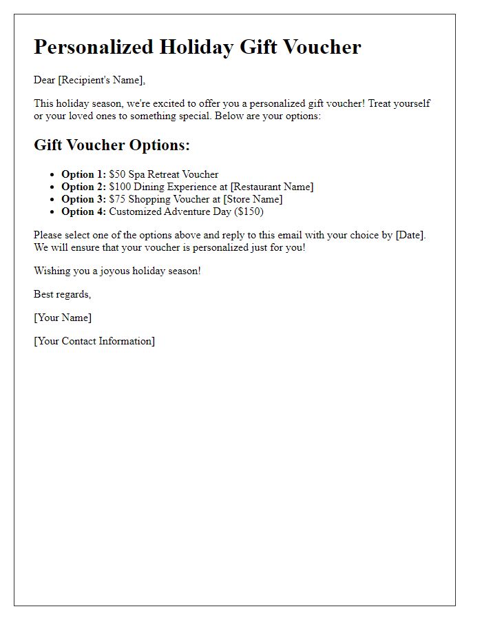 Letter template of personalized holiday gift voucher options