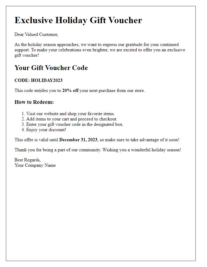 Letter template of promotional holiday gift voucher codes