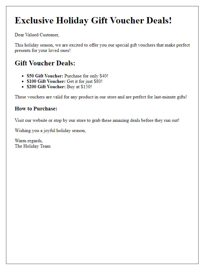 Letter template of special gift voucher deals for the holidays