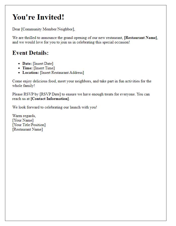 Letter template of community gathering invitation for our restaurant launch