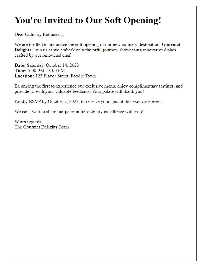 Letter template of soft opening invitation for culinary enthusiasts