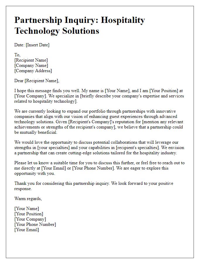 Letter template of hospitality technology partnership inquiry