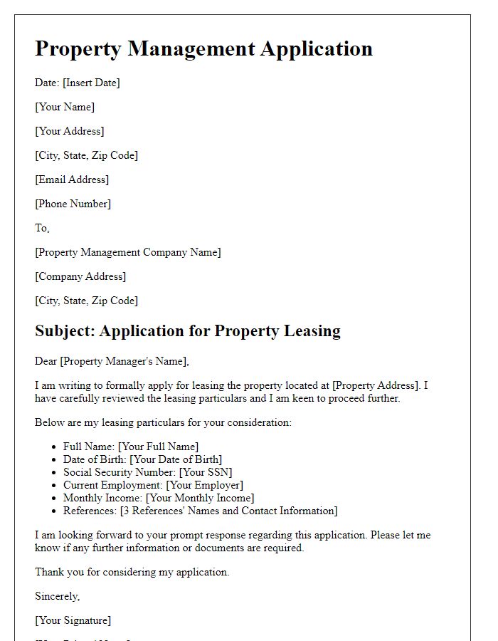 Letter template of property management application for leasing particulars.