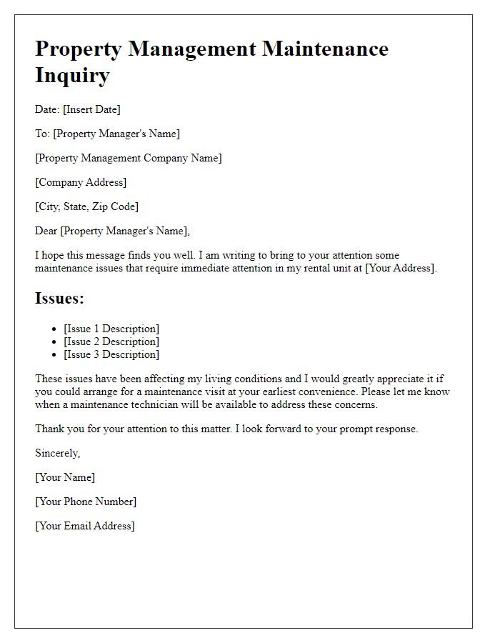 Letter template of property management inquiry about maintenance issues.