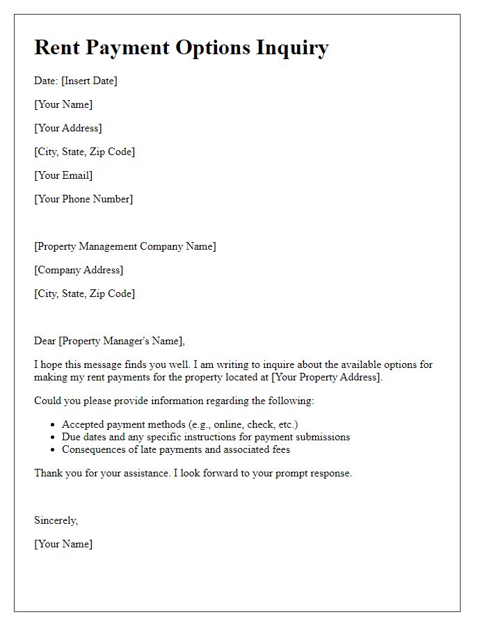 Letter template of property management question regarding rent payment options.