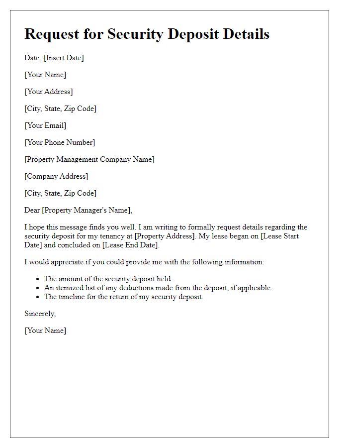 Letter template of property management request for security deposit details.