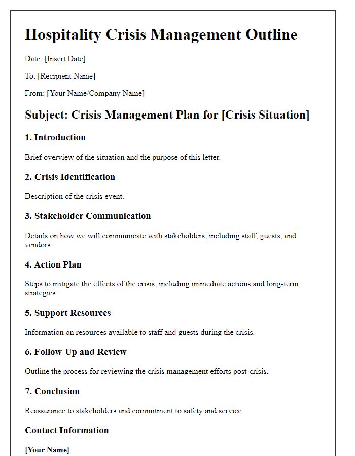 Letter template of hospitality crisis management outline