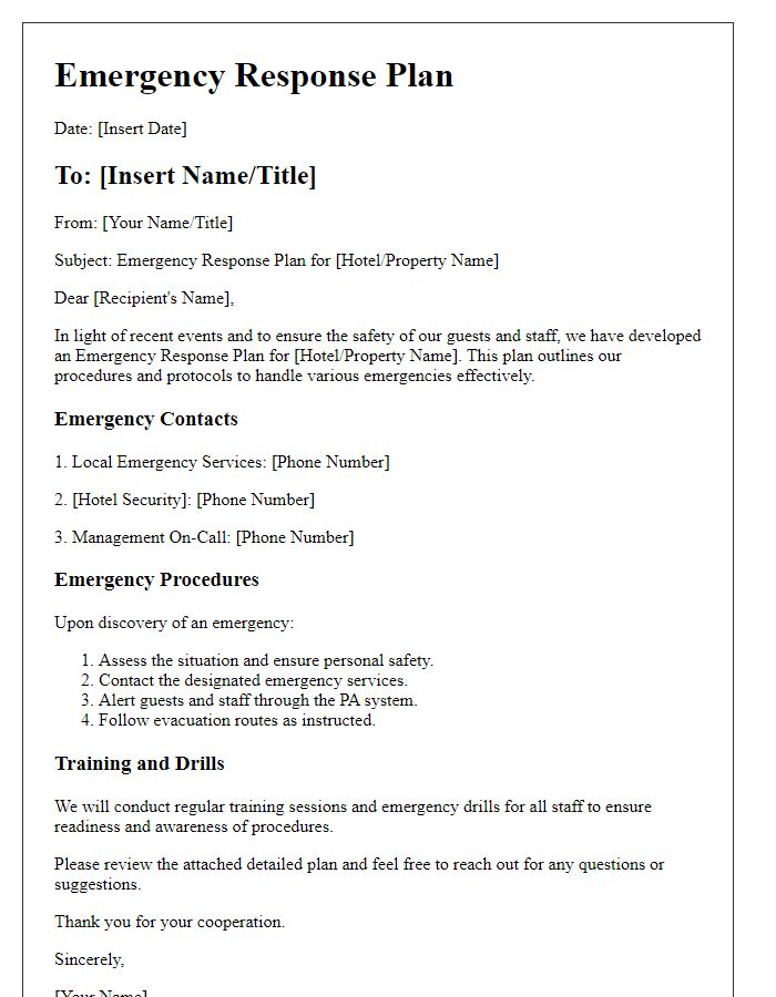 Letter template of hospitality emergency response plan