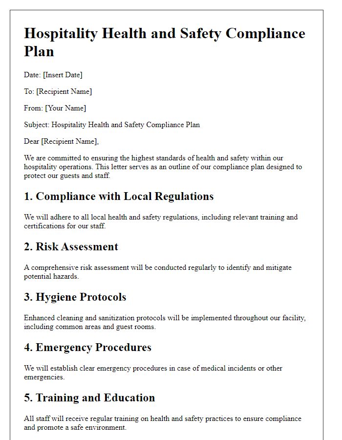 Letter template of hospitality health and safety compliance plan