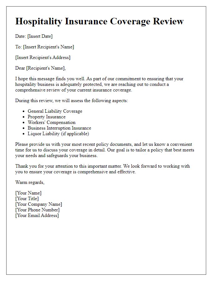 Letter template of hospitality insurance coverage review