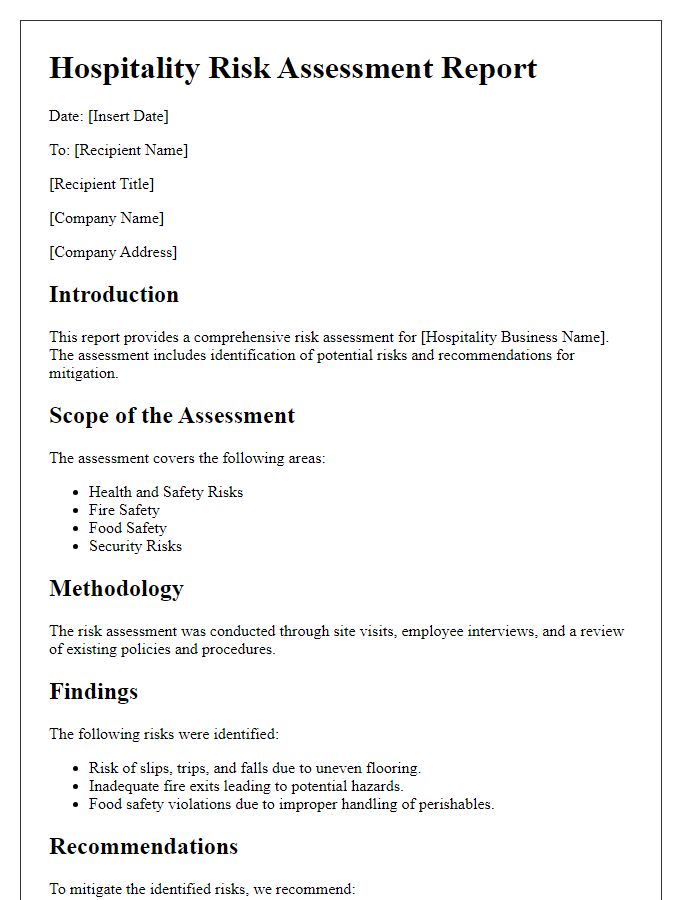 Letter template of hospitality risk assessment report