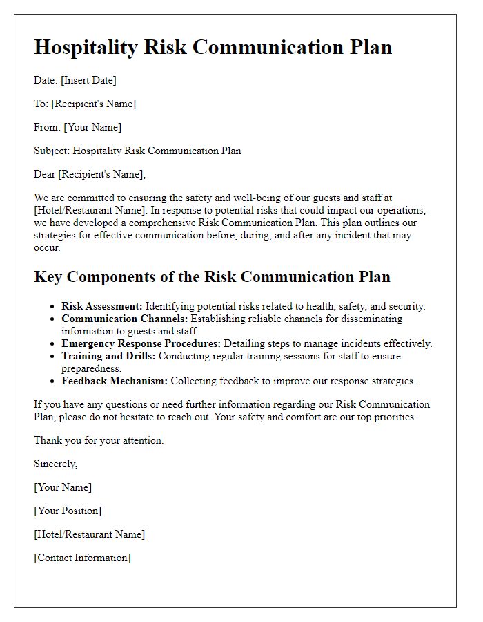 Letter template of hospitality risk communication plan