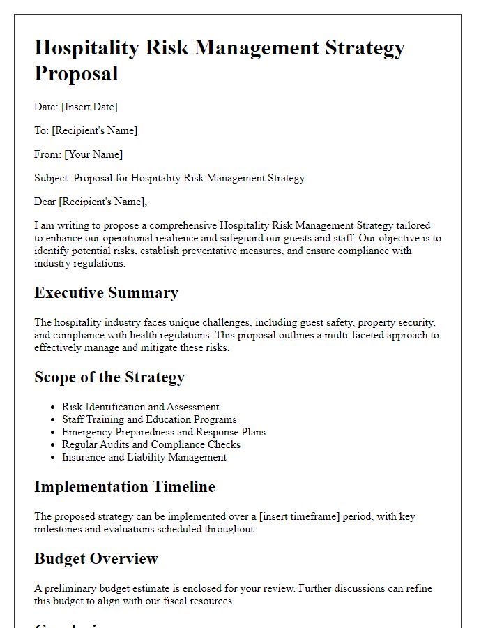 Letter template of hospitality risk management strategy proposal