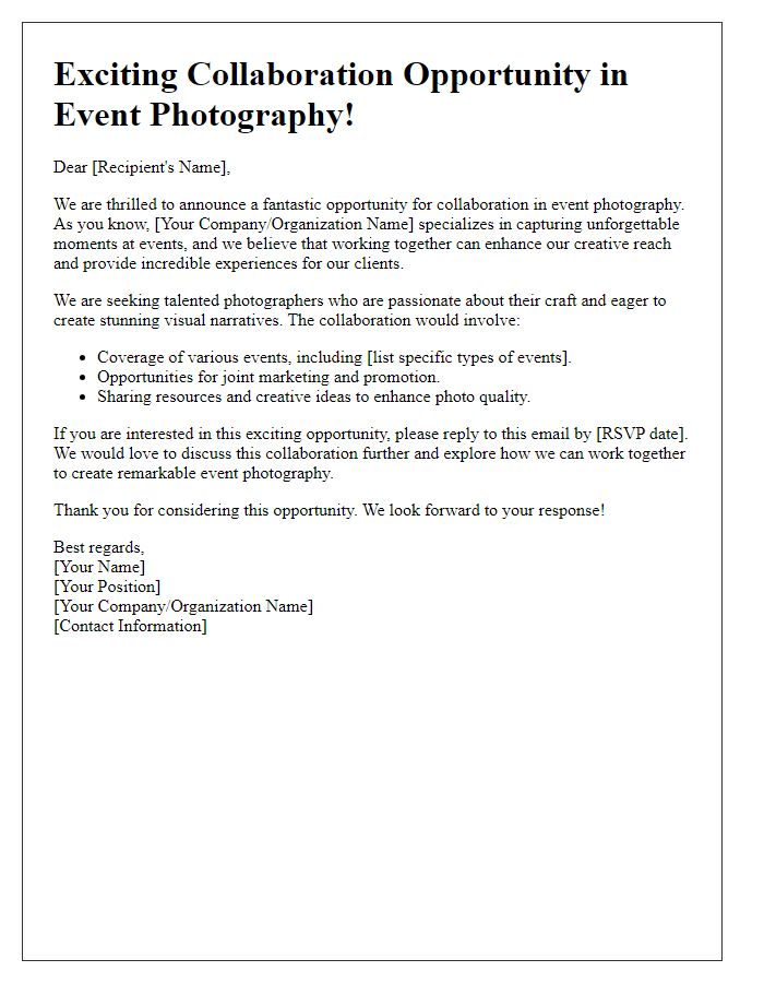 Letter template of announcement for event photography collaboration opportunity