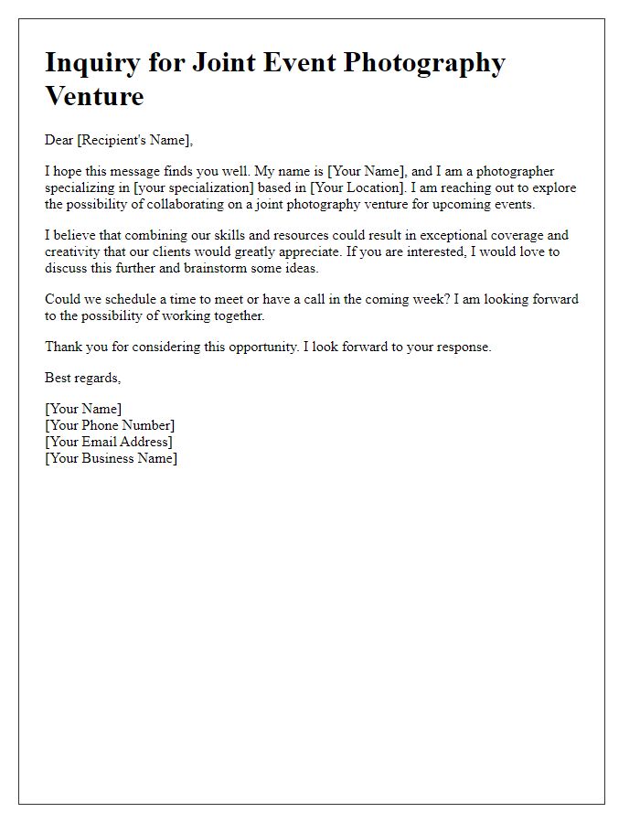 Letter template of inquiry for joint event photography venture