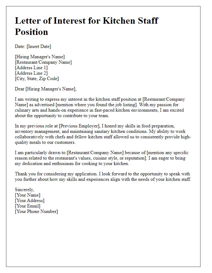 Letter template of Interest for Kitchen Staff Recruitment