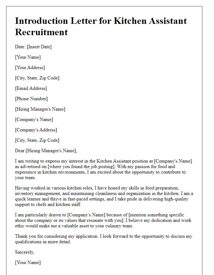 Letter template of Introduction for Kitchen Assistant Recruitment