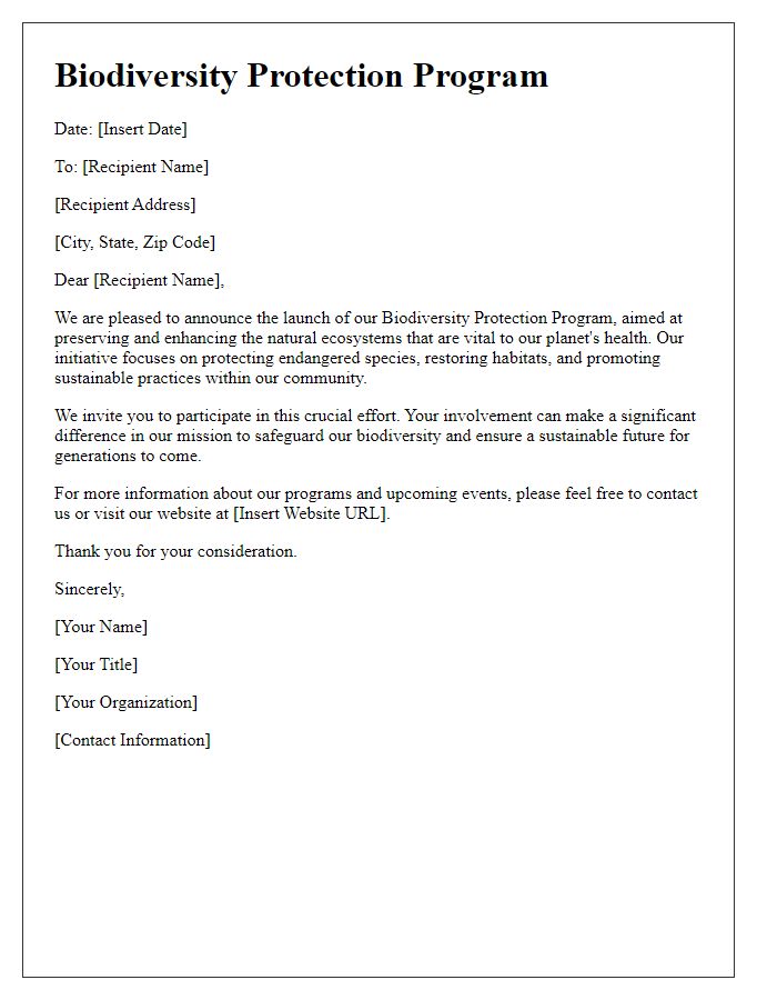 Letter template of biodiversity protection program