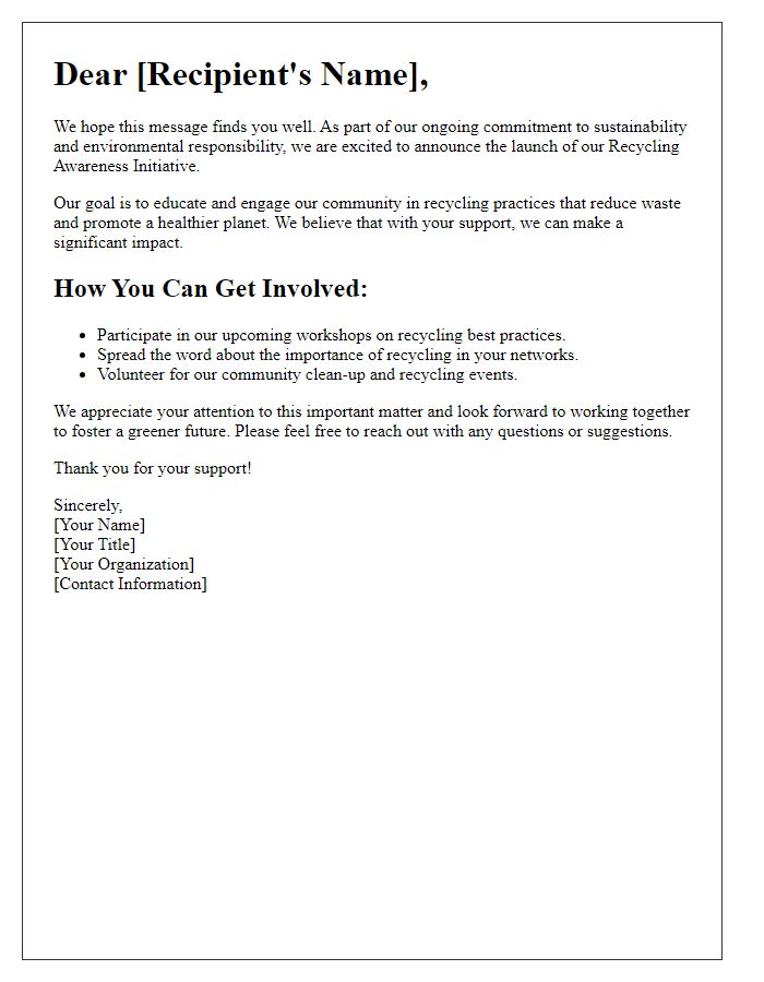 Letter template of recycling awareness initiative